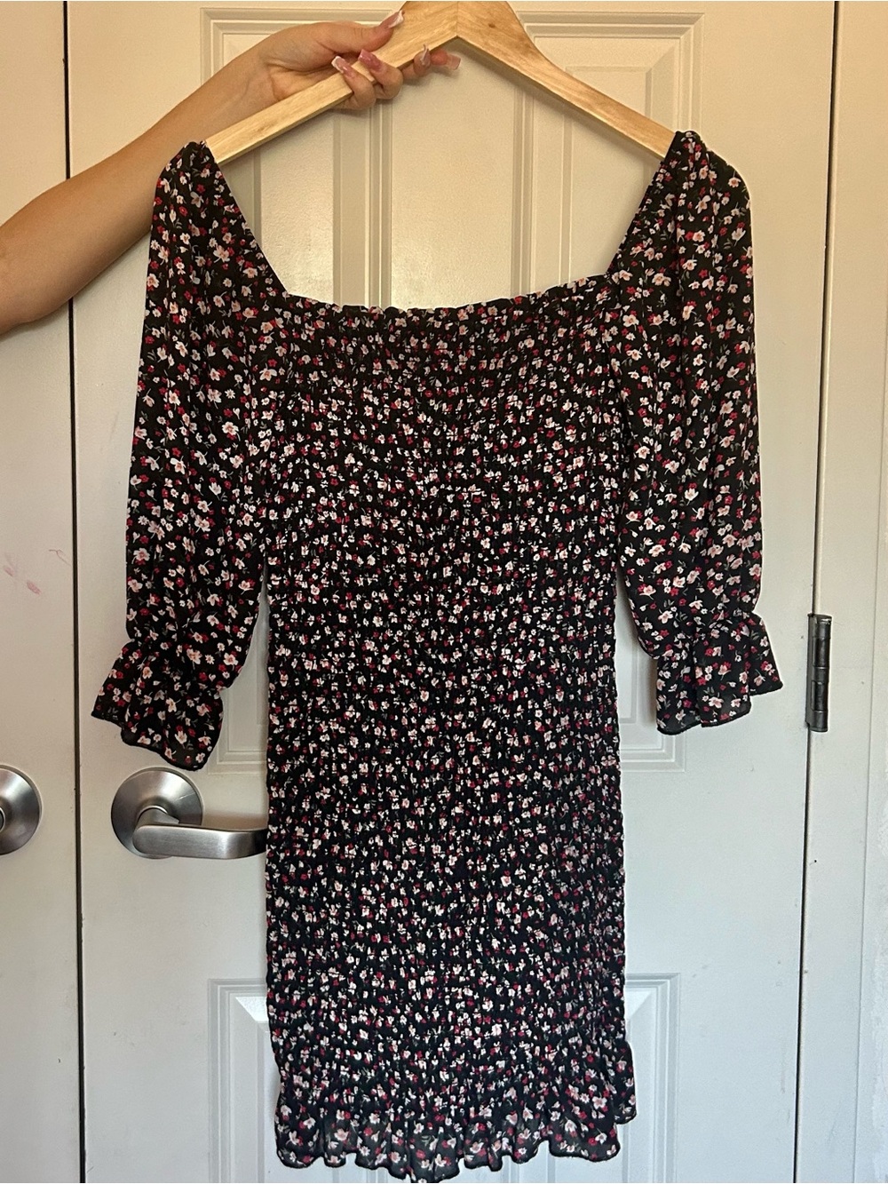 Black Floral Smocked Mini Dress